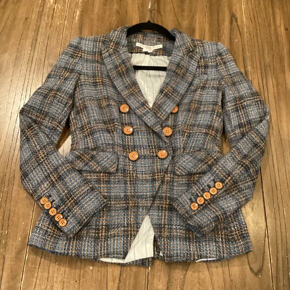 Veronica Beard Blue plaid tweed Miller Dickey Jacket double breasted cotton 4 - Picture 2 of 13